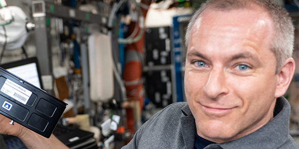 International Space Station U.S. National Lab’s Expedition 59 crewmember David Saint-Jacques with the Massachusetts Institute of Technology’s and TechShot, Inc’s cartilage-bone-synovium tissue chips in space.