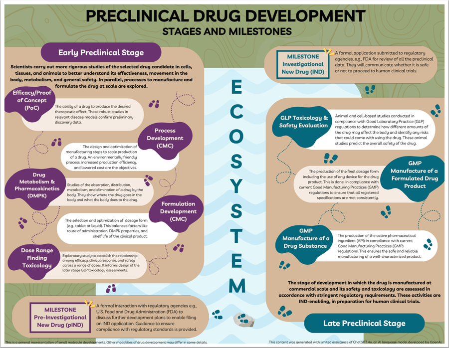 Key Concepts and Ecosystem. 'Key Concepts Ecosystem' outlines essential functions and activities in preclinical research and development. The left side of the graphic is labeled “Key Concepts” and includes the following activities: Target Product Profile (TPP): A document describing the important features of a drug to effectively treat a disease in a specific population. The TPP helps guide preclinical development strategy. Regulatory Strategy: The steps and processes taken for a drug candidate to meet the requirements of regulatory agencies like the U.S. Food and Drug Administration during development and that safely allow for further testing in people. Good Laboratory Practice (GLP): The rules and guidelines that ensure the data collected during laboratory studies are high quality and trustworthy. Project Plan: A document that lists the key steps and research studies needed to develop a drug. It includes who is responsible for which steps, the overall timeline and important decision points along the way. Research Team: A group of researchers from multiple specialized fields (e.g., process chemistry, pharmacokinetics, toxicology) who work together to develop a drug. Clinical Plan: A document that outlines how a potential treatment will be tested in people. It proposes the type and number of participants, how the study will be conducted and what data will be collected. It informs the preclinical research project plan. Good Manufacturing Practice (GMP): The rules and guidelines that ensure a drug is produced safely and consistently and meets the highest quality-control standards. Reposition: Take a drug that has been developed to treat one condition — but has not yet been approved by a regulatory agency — and develop it to treat another. Repurpose: Take a drug that has already been approved by a regulatory agency to treat one condition and develop it to treat another. The right side of the graphic is labeled “Ecosystem” and includes the following elements and activities: Resources: The funding, personnel, equipment and facilities required for drug development. Representation: The inclusion of the priorities and perspectives of diverse populations in drug development studies to ensure the medicinal product is not only safe but beneficially effective for all patients, particularly those who have been underserved by research. Genetic Diversity: The differences among people in genes and their expression that can cause various diseases and affect how they respond to the drug. Knowledge: Public access to clear and comprehensive information about processes, regulations and research. Providing this access includes publishing scientific findings and results, as well as creating educational materials and resources for all. Rare Disorders: Diseases or conditions affecting fewer than 200,000 individuals in the United States. Community Engagement: The involvement of patients, caregivers and other partners in drug development to ensure that their needs, perspectives and priorities are considered. Project Management: Planning, organizing and coordinating resources and communication to help a research project team realize specific goals in drug development. Patient Advocacy: The support and representation of patient interests, perspectives and priorities in drug development. Collaboration: The joint efforts of individuals or groups working together to achieve a common research goal or solve a scientific problem.