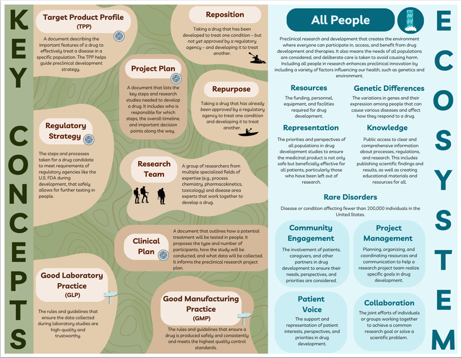 Preclinical Drug Development: Stages and Milestones Infographic. The ecosystem of preclinical drug development, divided into early and late preclinical stages. Emphasis is on the iterative nature of drug development, ensuring regulatory compliance and safety before human clinical trials. Early Preclinical Stage: Scientists carry out more rigorous studies of the selected drug candidate in cells, tissues and animals to better understand its effectiveness, movement in the body, metabolism and general safety. In parallel, processes to manufacture and formulate the drug at scale are explored. Efficacy/Proof of Concept (PoC): The ability of a drug to produce the desired therapeutic effect. These robust studies in relevant disease models confirm preliminary discovery data. Process Development (CMC): The design and optimization of manufacturing steps to scale production of a drug. An environmentally friendly process, increased production efficiency and lowered cost are the objectives. Drug Metabolism & Pharmacokinetics (DMPK): Studies of the absorption, distribution, metabolism and elimination of a drug by the body. They show where the drug goes in the body and what the body does to the drug. Formulation Development (CMC): The selection and optimization of dosage form (e.g., tablet, liquid). This balances factors like route of administration, DMPK properties and shelf life of the clinical product. Dose Range Finding Toxicology: Exploratory study to establish the relationship among efficacy, clinical response and safety across a range of doses. It informs design of the later stage GLP toxicology assessments. Early Preclinical Milestone: Pre-Investigational New Drug (pIND): A formal interaction with regulatory agencies (e.g., U.S. Food and Drug Administration [FDA]) to discuss further development plans to enable filing an IND application. Guidance is provided to ensure compliance with regulatory standards. Late Preclinical Stage includes: GLP Toxicology & Safety Evaluation: Animal and cell-based studies conducted in compliance with Good Laboratory Practice (GLP) regulations to determine how different amounts of the drug may affect the body and identify any risks that could come with using the drug. These animal studies predict the overall safety of the drug. GMP Manufacture of a Formulated Drug Product: The production of the final dosage form including the use of any device for the drug product. This is done in compliance with current Good Manufacturing Practices (GMP) regulations to ensure that all registered specifications are met consistently. GMP Manufacture of a Drug Substance: The production of the active pharmaceutical ingredient in compliance with GMP regulations. This ensures the safe and reliable manufacturing of a well-characterized product. Late Preclinical Milestone: IND: A formal application submitted to regulatory agencies (e.g., FDA) for review of all the preclinical data. The agencies will communicate whether it is safe to proceed to human clinical trials. The stage of development in which the drug is manufactured at commercial scale and its safety and toxicology are assessed in accordance with stringent regulatory requirements. These activities are IND-enabling, in preparation for human clinical trials. This is a general representation of small molecule developments. Other modalities of drug development may differ in some details. Note: This content was generated with some assistance from ChatGPT-4o, an AI language model developed by OpenAI.