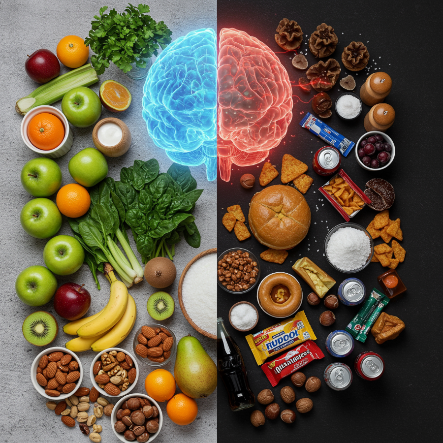 Side-by-side image of a table: on one half, fruits and whole foods; on the other half, ultra-processed foods high in fructose. Above the table, a floating realistic 3D brain — one side glowing healthy and the other side darkened with inflammation.