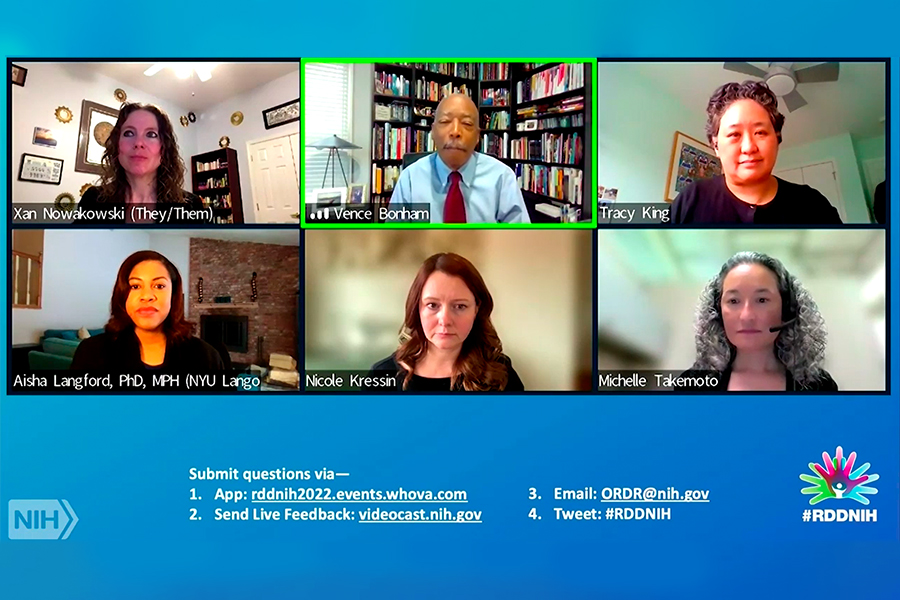 Screen capture of the panelists in two rows of three starting with Alexandra “Xan” Nowakowski, Vence Bonham and Tracy King, followed by Aisha Langford, Nicole Kressin and Michelle Takemoto.