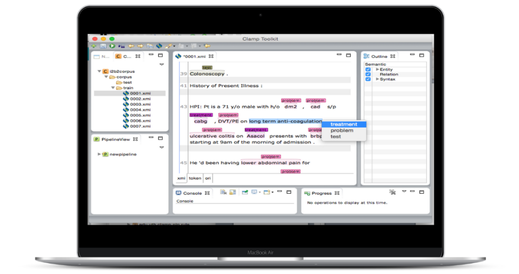 Melax Tech’s CLAMP toolkit comes with a workbench-style interface that allows users to select, assemble and configure modules into a tailored NLP software product that meets their needs.