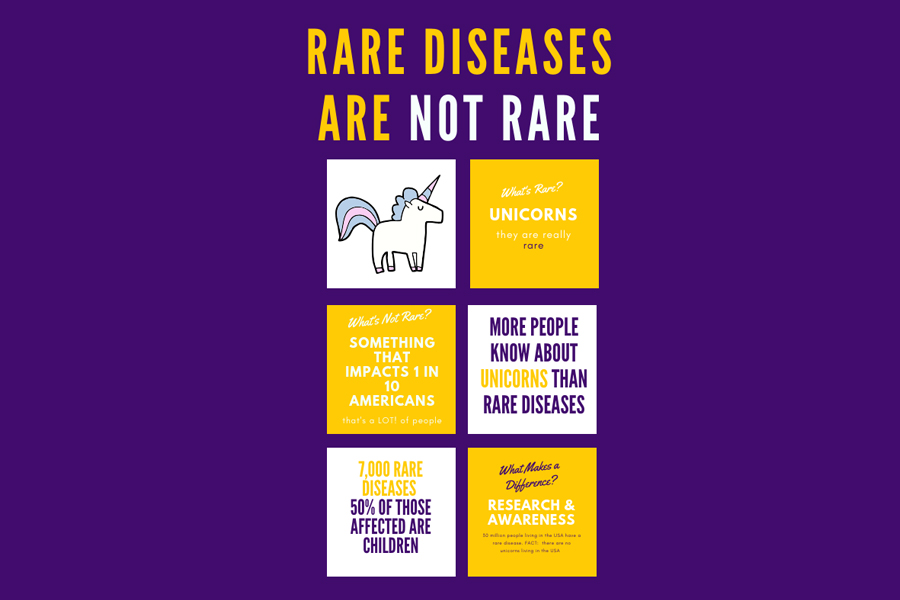 Poster with an image of a unicorn. Poster reads: "Rare diseases are not rare. What's rare? Unicorns."