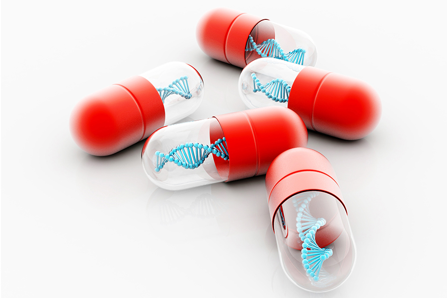 3D rendering of genetic medicine with DNA isolated.