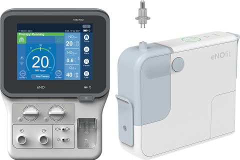 eNOcareTM (left) delivers performance, usability and portability to improve patient care in hospital settings, and eNOfitTM (right) provides mobile “at-home” therapy to improve patients’ quality of life. (Third Pole Therapeutics)