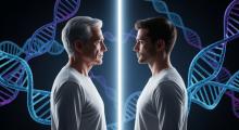 Older and younger man with a background of DNA strands.