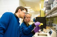 Two researchers in blue lab coats work on an experiment.  