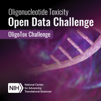 3-D rendering of an oligonucleotide. Oligonucleotide Toxicity Open Data Challenge. OligoTox Challenge. NIH/NCATS logo.