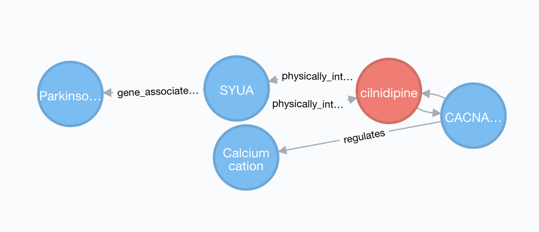 The RTX reasoner returned the following knowledge graph: Parkinson’s Disease is connected to SYUA protein with the predicate 'gene associated to disease', SYUA is connected to cilnidipine with the predicate 'physically interacts', cilnidipine is connected to CACNA1B gene with the predicate 'targets', and CACNA1B is connected to calcium ion with the predicate 'regulates'.